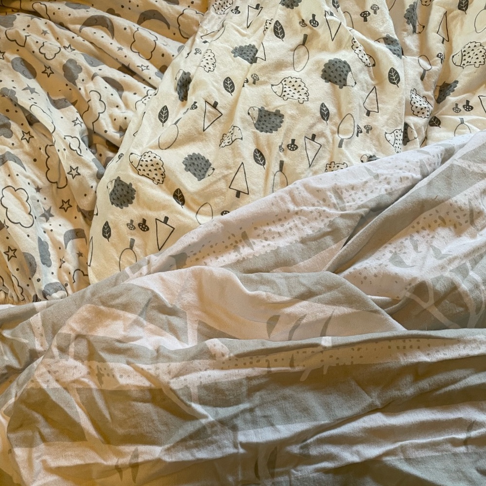 Set of 3 brand new, opened but never used, gray and white crib sheets org cotton
